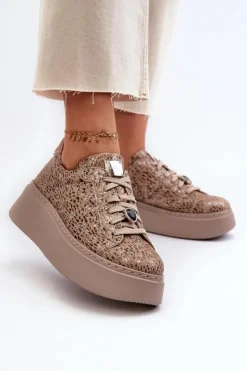 Damskie Maciejka Skórzane Buty Sportowe Na Platformie 06191-10 Beżowe