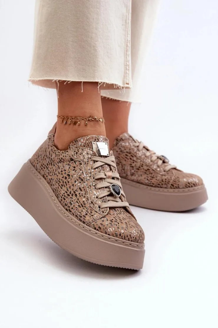 Damskie Maciejka Skórzane Buty Sportowe Na Platformie 06191-10 Beżowe