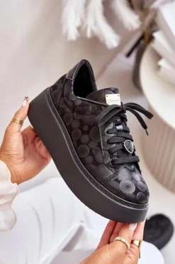 New Maciejka Skórzane Buty Sportowe Na Platformie 06191-42 Czarne