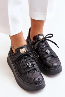 New Maciejka Skórzane Buty Sportowe Na Platformie 06191-42 Czarne
