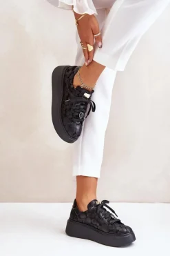 New Maciejka Skórzane Buty Sportowe Na Platformie 06191-42 Czarne