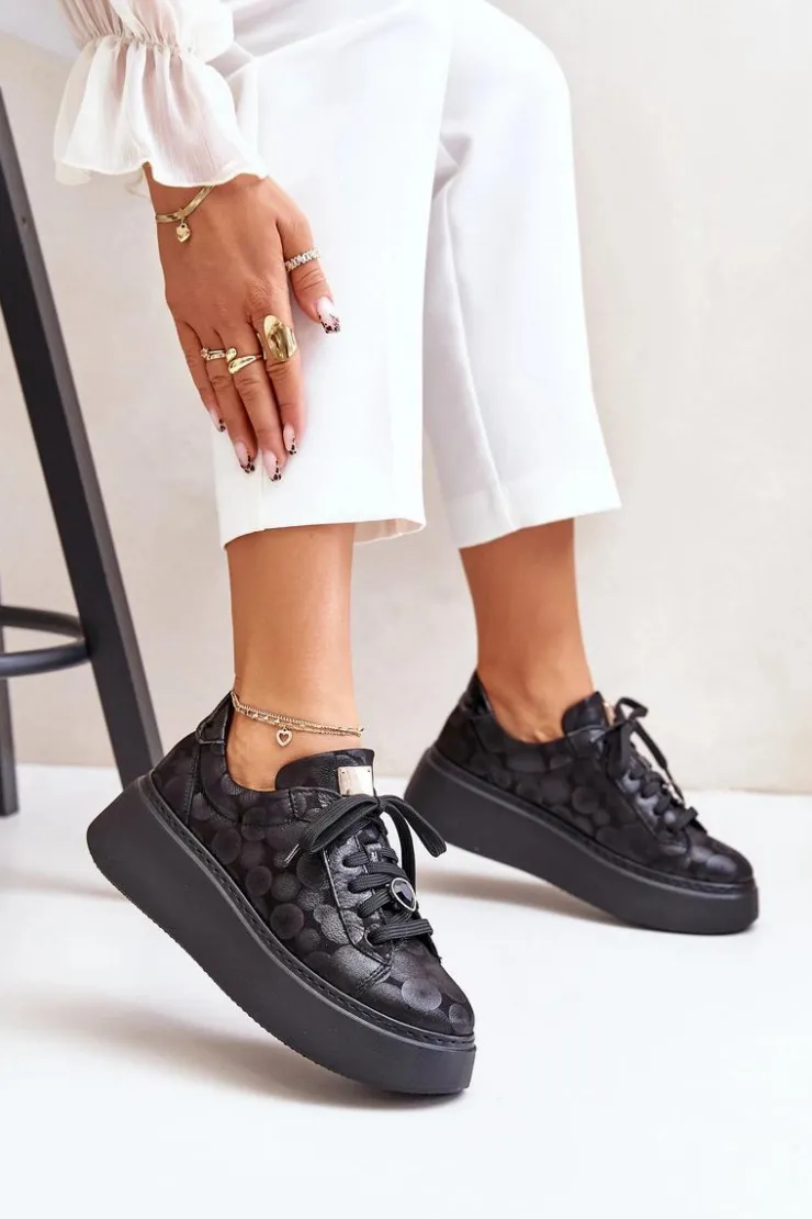 New Maciejka Skórzane Buty Sportowe Na Platformie 06191-42 Czarne