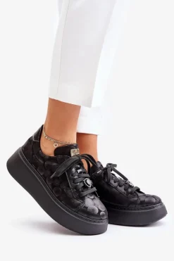 New Maciejka Skórzane Buty Sportowe Na Platformie 06191-42 Czarne