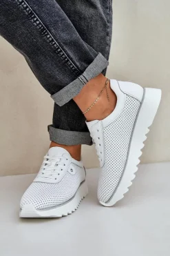 New Damskie buty S.Barski Skórzane Buty Sportowe Na Platformie Z Brokatem D&A LR51-629 Białe Biały