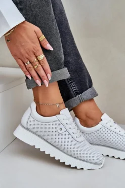 New Damskie buty S.Barski Skórzane Buty Sportowe Na Platformie Z Brokatem D&A LR51-629 Białe Biały