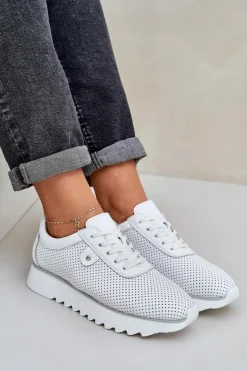 New Damskie buty S.Barski Skórzane Buty Sportowe Na Platformie Z Brokatem D&A LR51-629 Białe Biały