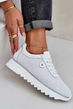 New Damskie buty S.Barski Skórzane Buty Sportowe Na Platformie Z Brokatem D&A LR51-629 Białe Biały