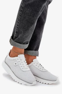 New Damskie buty S.Barski Skórzane Buty Sportowe Na Platformie Z Brokatem D&A LR51-629 Białe Biały