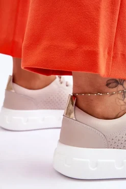 New Damskie buty S.Barski Skórzane Buty Sportowe Na Masywnej Platformie Beżowe Montigo