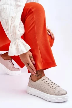 New Damskie buty S.Barski Skórzane Buty Sportowe Na Masywnej Platformie Beżowe Montigo