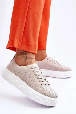 New Damskie buty S.Barski Skórzane Buty Sportowe Na Masywnej Platformie Beżowe Montigo