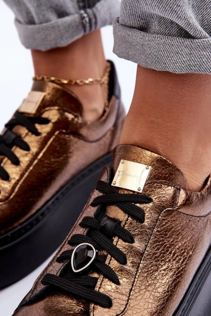 Maciejka Skórzane Buty Sportowe Na Platformie 06191-24 Miedziane