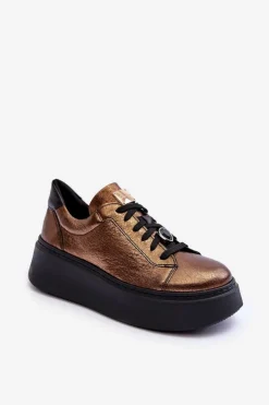 Maciejka Skórzane Buty Sportowe Na Platformie 06191-24 Miedziane