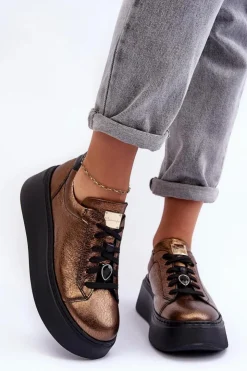 Maciejka Skórzane Buty Sportowe Na Platformie 06191-24 Miedziane