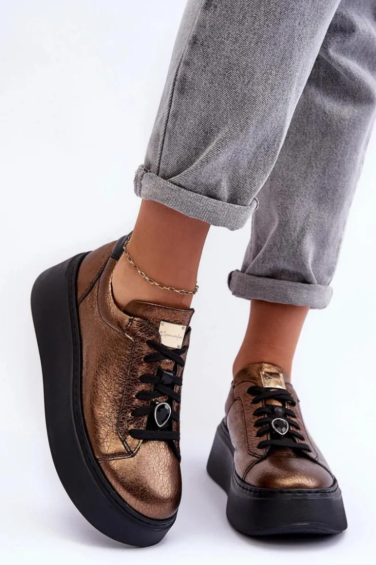 Maciejka Skórzane Buty Sportowe Na Platformie 06191-24 Miedziane