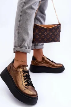 Maciejka Skórzane Buty Sportowe Na Platformie 06191-24 Miedziane