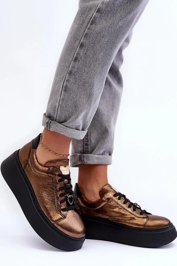 Maciejka Skórzane Buty Sportowe Na Platformie 06191-24 Miedziane