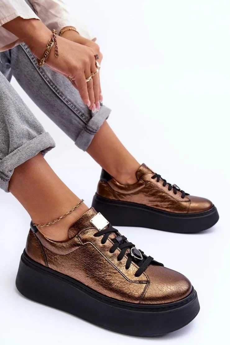 Maciejka Skórzane Buty Sportowe Na Platformie 06191-24 Miedziane