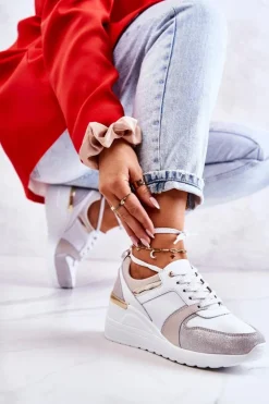 Damskie buty S.Barski Sneakersy Damskie*Skórzane Buty Sportowe Na Koturnie Biało-Szare Rayana