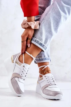 Damskie buty S.Barski Sneakersy Damskie*Skórzane Buty Sportowe Na Koturnie Biało-Szare Rayana