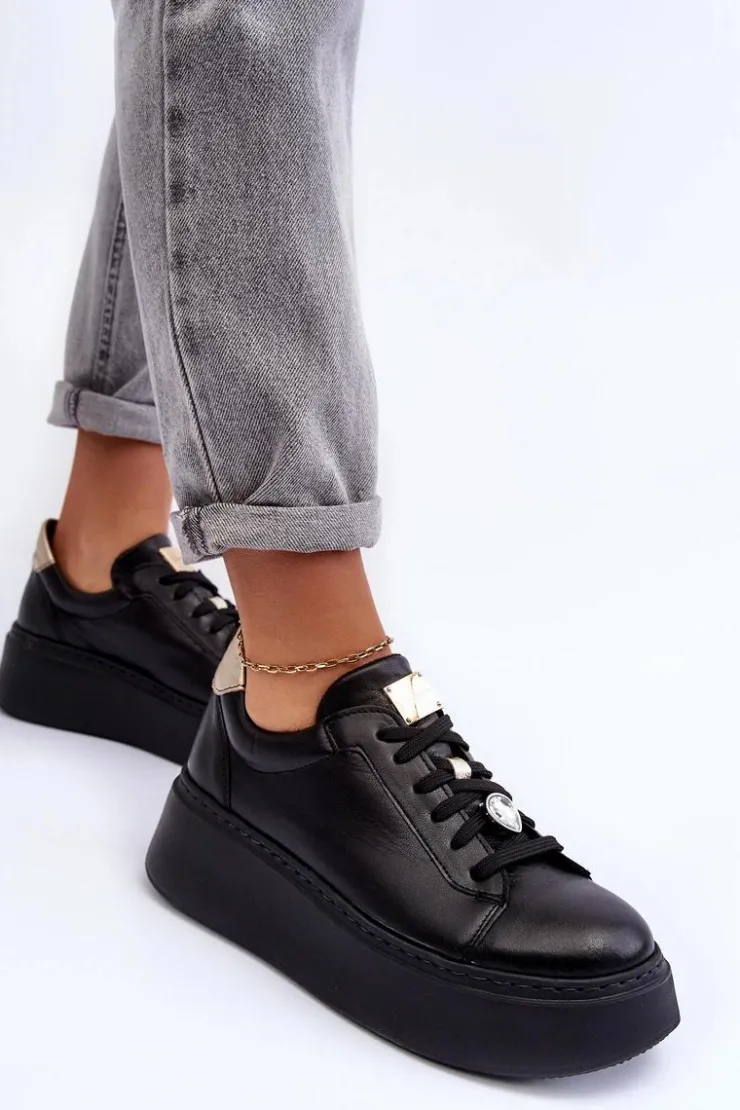 Damskie Maciejka Skórzane Buty Sportowe Na Platformie 06191-01 Czarne