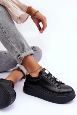 Damskie Maciejka Skórzane Buty Sportowe Na Platformie 06191-01 Czarne
