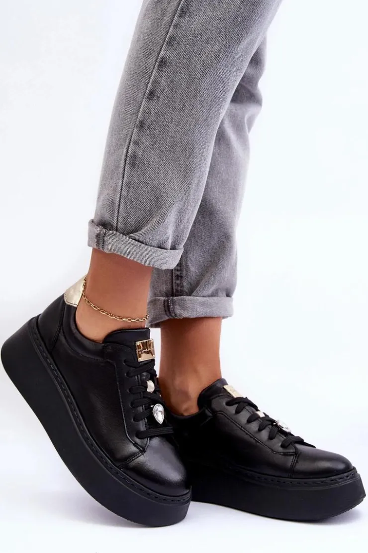 Damskie Maciejka Skórzane Buty Sportowe Na Platformie 06191-01 Czarne