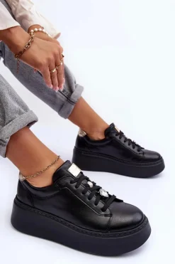 Damskie Maciejka Skórzane Buty Sportowe Na Platformie 06191-01 Czarne