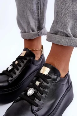 Damskie Maciejka Skórzane Buty Sportowe Na Platformie 06191-01 Czarne