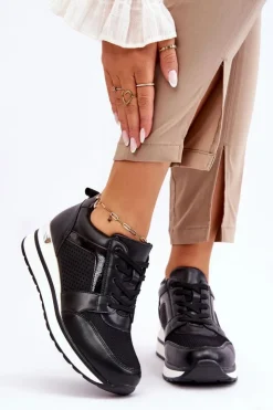 Boto Sneakersy Damskie*Skórzane Buty Sportowe Na Niewysokim Koturnie Czarne Braylen