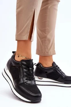 Boto Sneakersy Damskie*Skórzane Buty Sportowe Na Niewysokim Koturnie Czarne Braylen