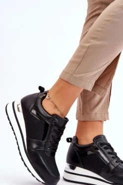 Boto Sneakersy Damskie*Skórzane Buty Sportowe Na Niewysokim Koturnie Czarne Braylen