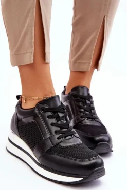 Boto Sneakersy Damskie*Skórzane Buty Sportowe Na Niewysokim Koturnie Czarne Braylen