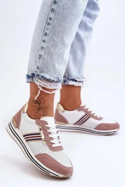 Clearance Damskie buty S.Barski Skórzane Buty Sportowe S.Barski AL21575 Biało-Różowe