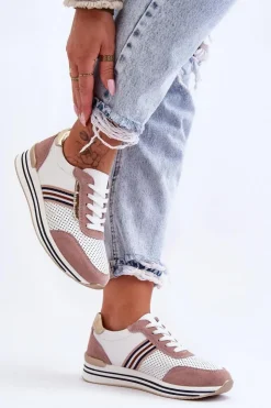 Clearance Damskie buty S.Barski Skórzane Buty Sportowe S.Barski AL21575 Biało-Różowe