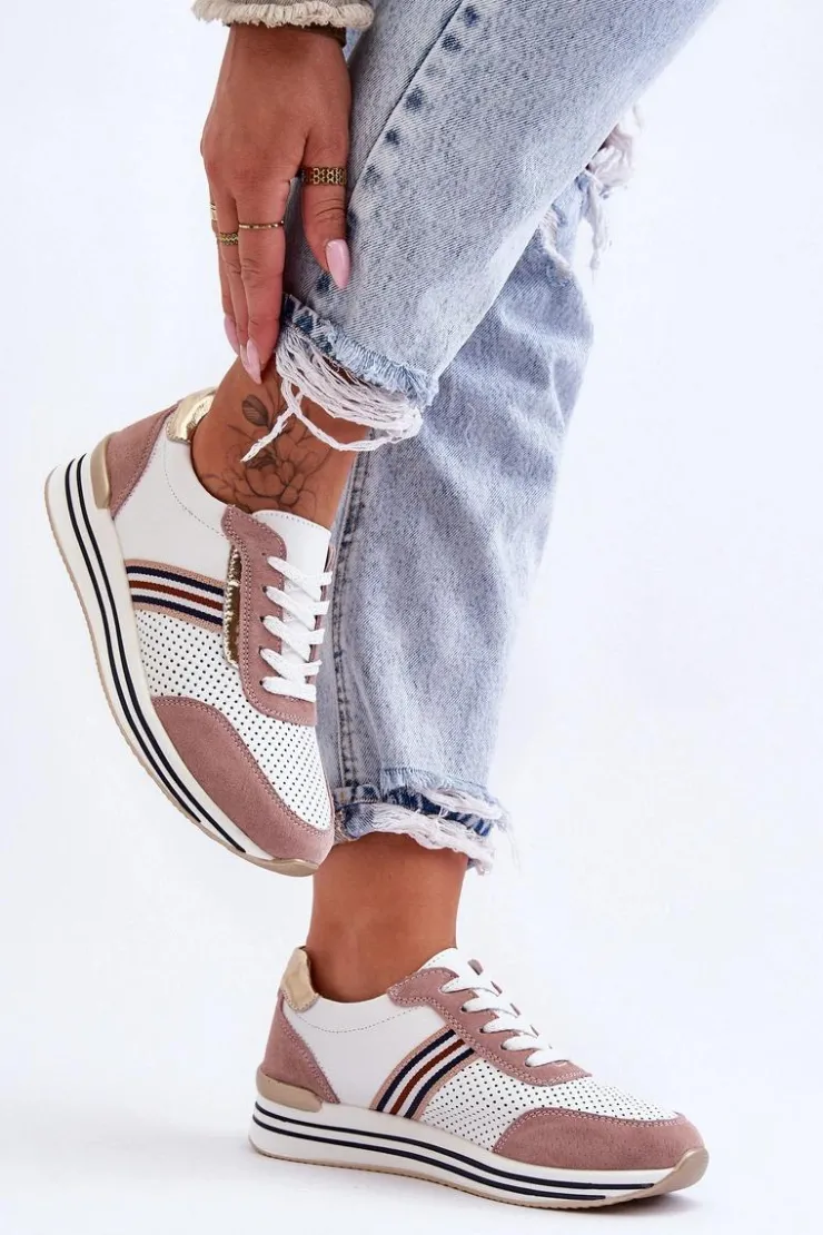 Clearance Damskie buty S.Barski Skórzane Buty Sportowe S.Barski AL21575 Biało-Różowe