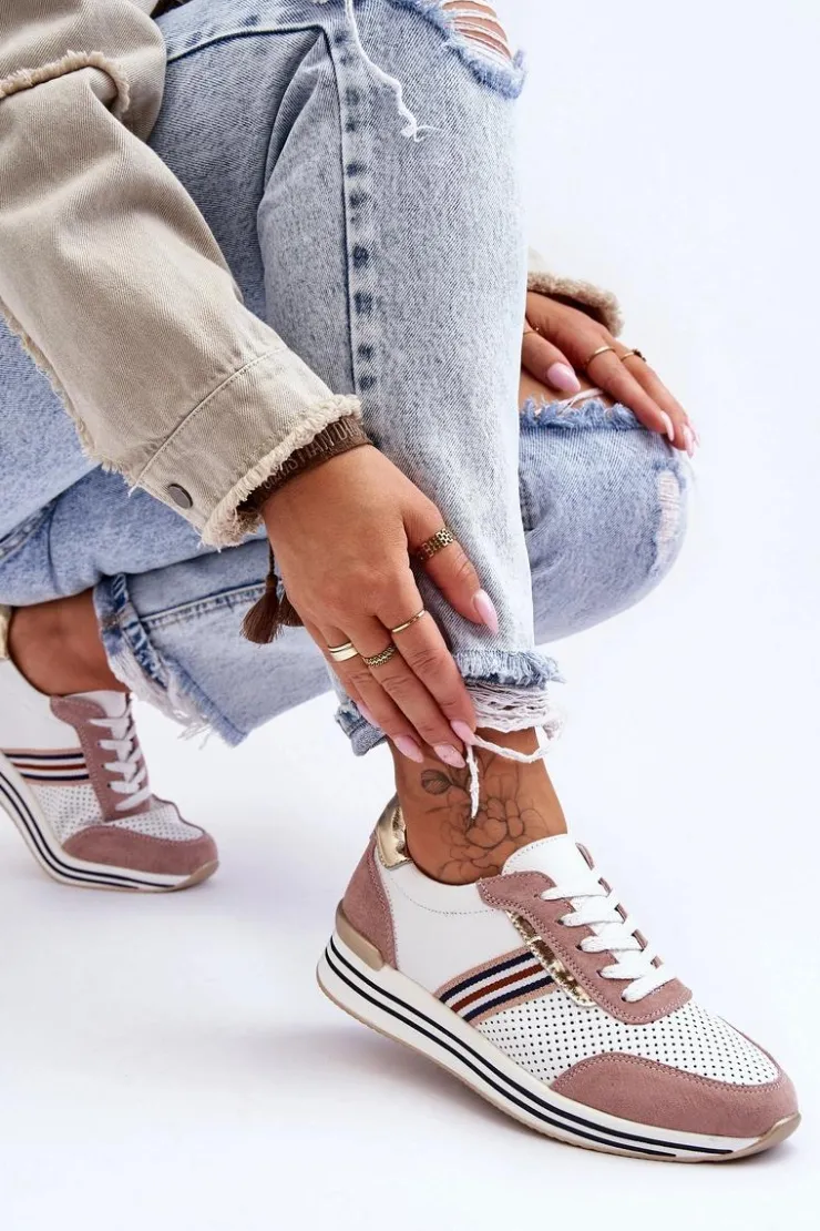 Clearance Damskie buty S.Barski Skórzane Buty Sportowe S.Barski AL21575 Biało-Różowe