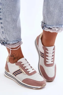 Clearance Damskie buty S.Barski Skórzane Buty Sportowe S.Barski AL21575 Biało-Różowe