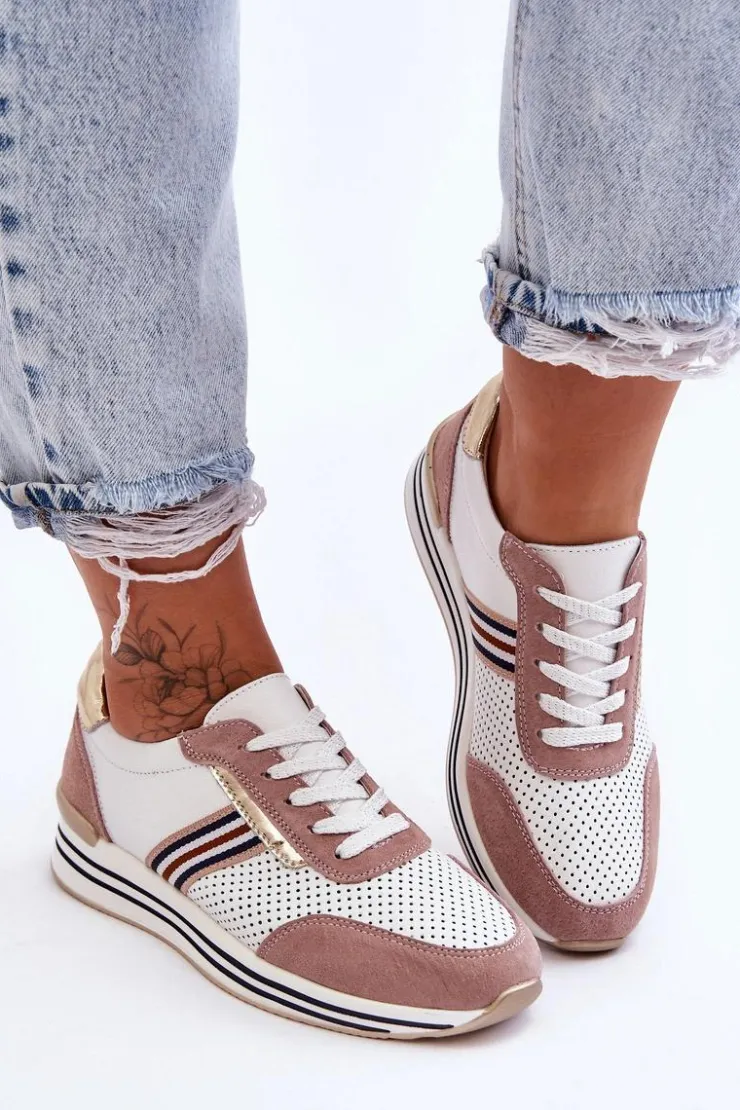 Clearance Damskie buty S.Barski Skórzane Buty Sportowe S.Barski AL21575 Biało-Różowe