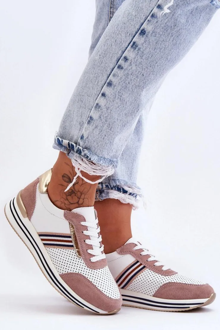 Clearance Damskie buty S.Barski Skórzane Buty Sportowe S.Barski AL21575 Biało-Różowe