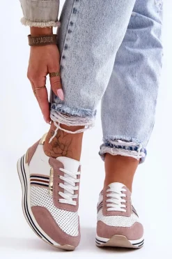 Clearance Damskie buty S.Barski Skórzane Buty Sportowe S.Barski AL21575 Biało-Różowe