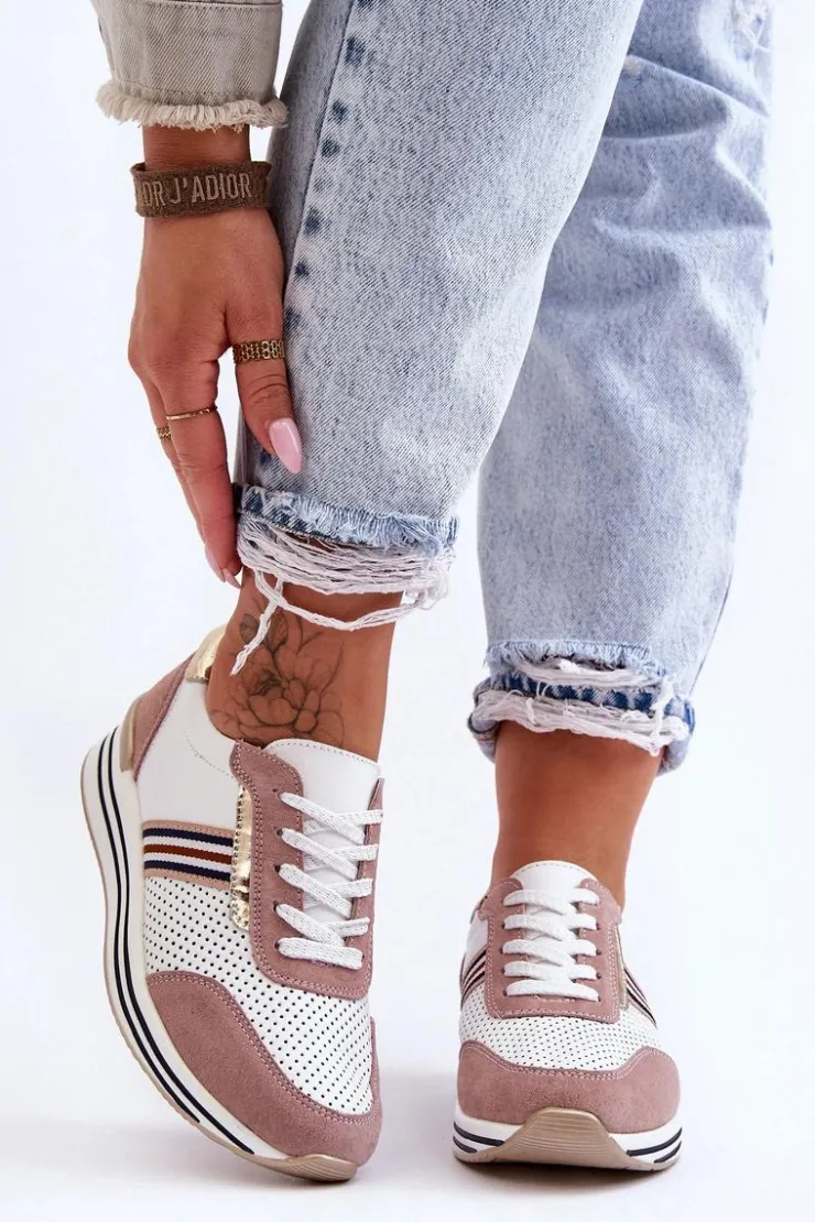 Clearance Damskie buty S.Barski Skórzane Buty Sportowe S.Barski AL21575 Biało-Różowe