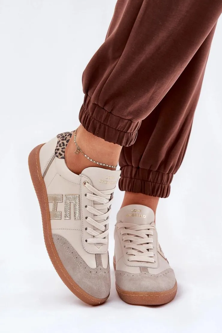 CheBello Buty Sportowe Na Platformie*Skórzane Buty Sportowe Sneakersy Damskie Panterka 4640 Beżowe
