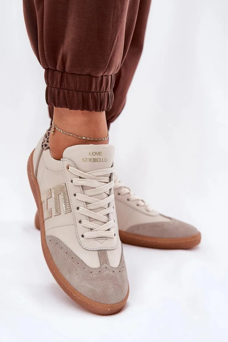 CheBello Buty Sportowe Na Platformie*Skórzane Buty Sportowe Sneakersy Damskie Panterka 4640 Beżowe