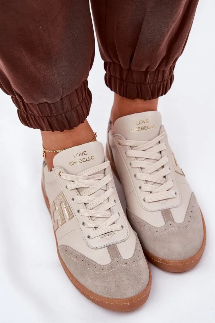 CheBello Buty Sportowe Na Platformie*Skórzane Buty Sportowe Sneakersy Damskie Panterka 4640 Beżowe