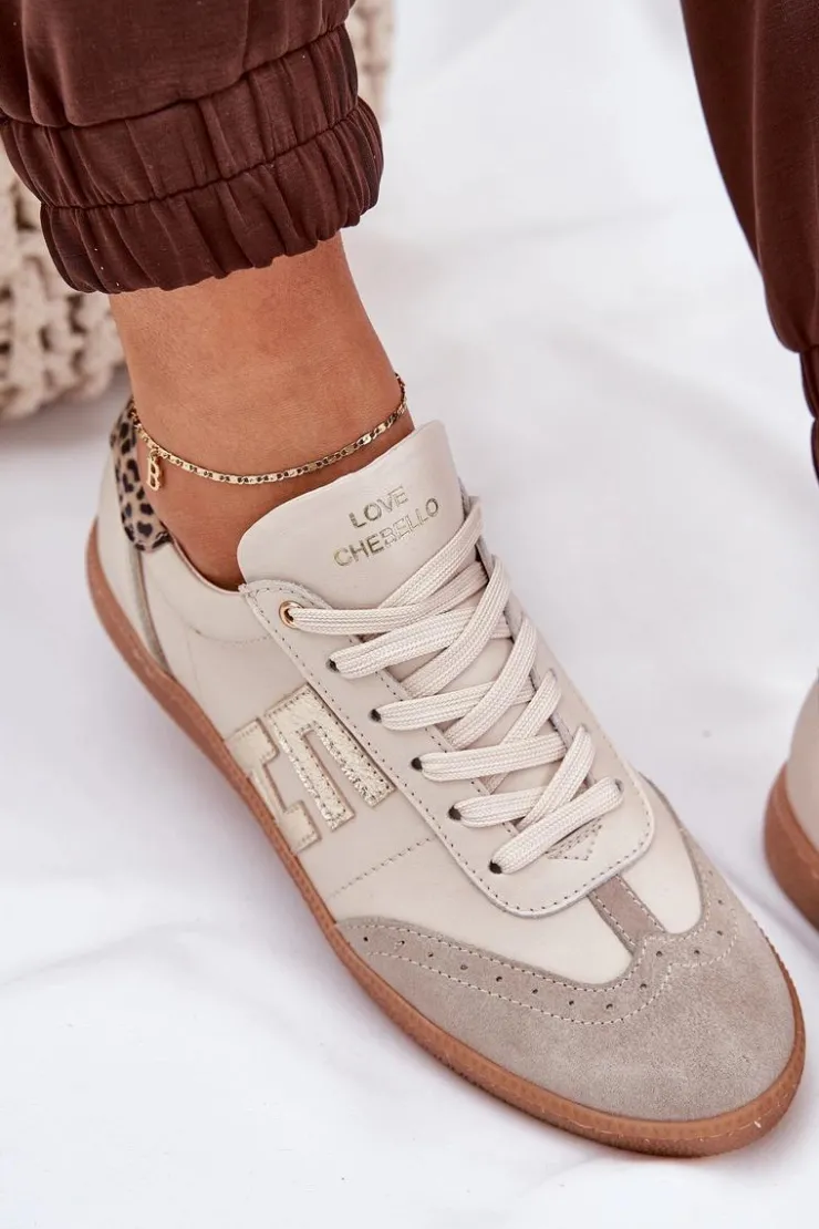 CheBello Buty Sportowe Na Platformie*Skórzane Buty Sportowe Sneakersy Damskie Panterka 4640 Beżowe