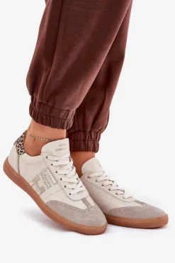 CheBello Buty Sportowe Na Platformie*Skórzane Buty Sportowe Sneakersy Damskie Panterka 4640 Beżowe