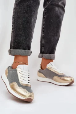 Damskie buty S.Barski Skórzane Buty Sportowe Sneakersy Damskie D&A LR51-847 Złote