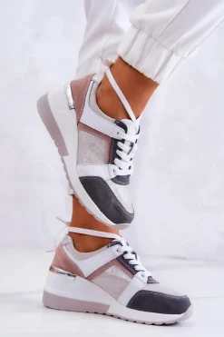 Damskie buty S.Barski Sneakersy Damskie*Skórzane Buty Sportowe Sneakersy Na Koturnie Srebrno-Szare Elissa