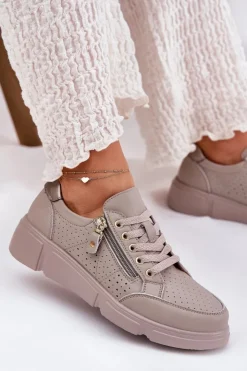 Buty damskie Vinceza Sneakersy Damskie*Skórzane Buty Sportowe Sneakersy Na Platformie Z Zamkiem Vinceza 88019 Ciemnobeżowe